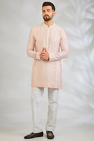 Peach Pink Silk Kurta by Sawan Gandhi Men