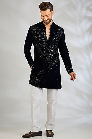 Navy Blue Velvet Kurta by Sawan Gandhi Men