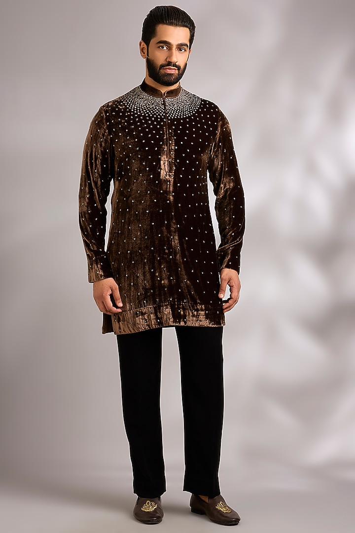 Coffee Brown Velvet Kurta Set by Sawan Gandhi Men at Pernia's Pop Up Shop