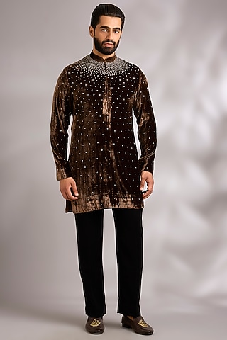 Coffee Brown Velvet Kurta Set by Sawan Gandhi Men