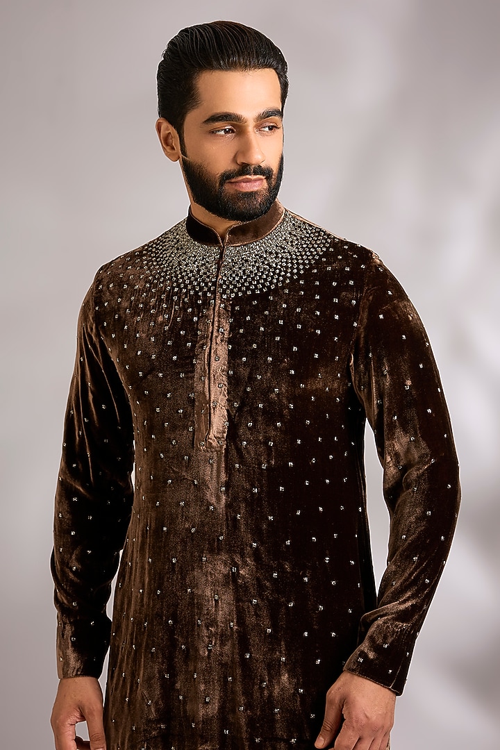 Coffee Brown Velvet Kurta Set by Sawan Gandhi Men at Pernia's Pop Up Shop