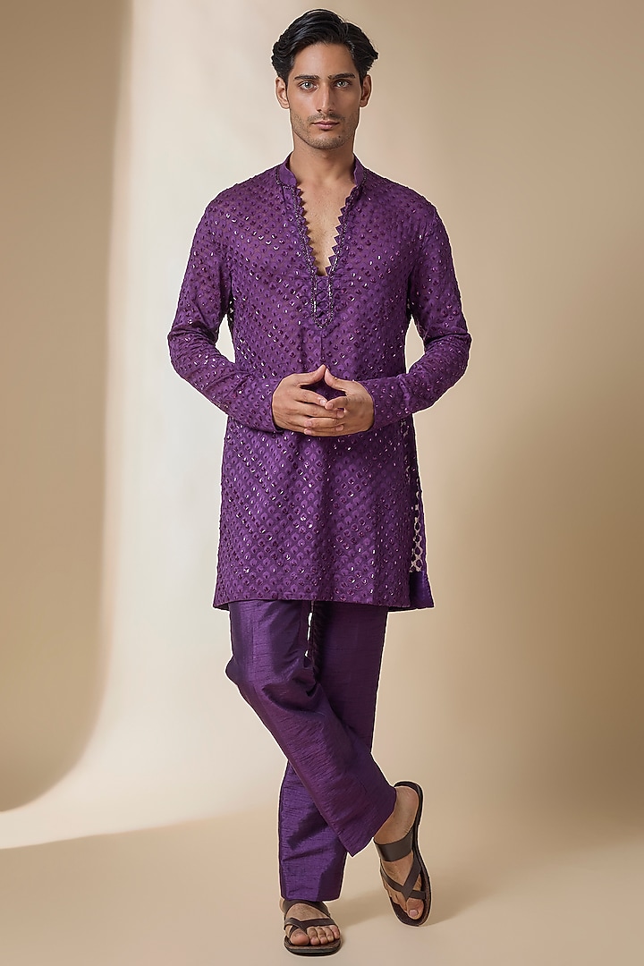 Wine Chanderi Kurta Set by Sawan Gandhi Men at Pernia's Pop Up Shop