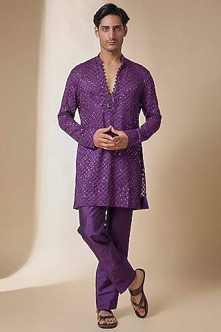 Wine Chanderi Kurta Set by Sawan Gandhi Men
