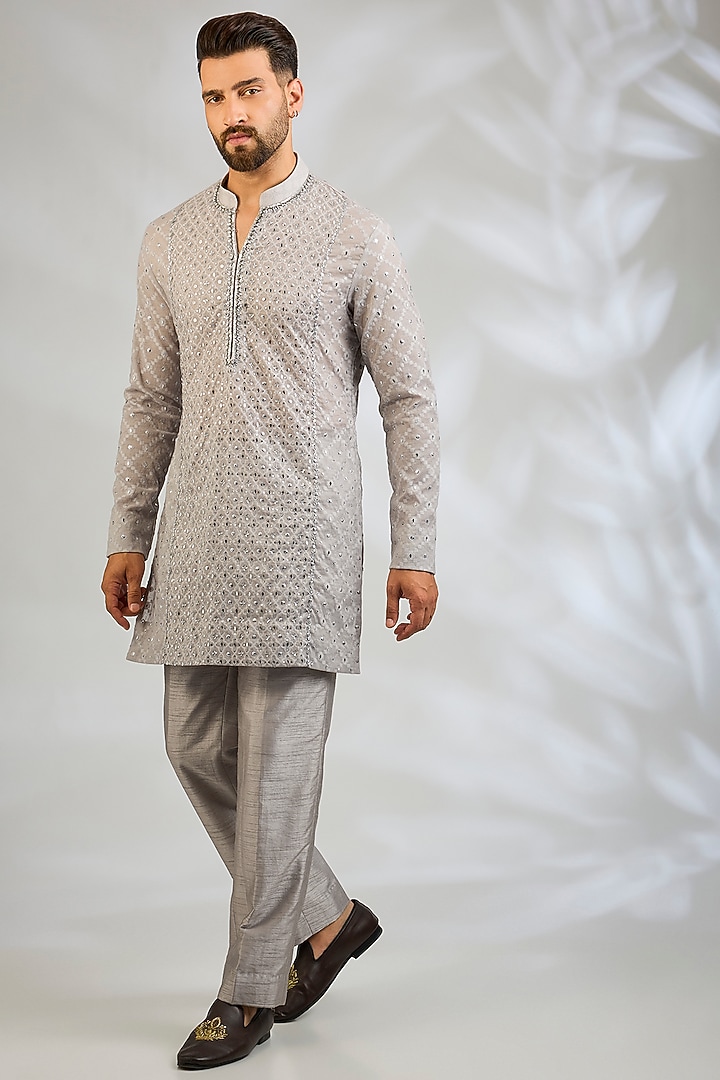 Grey Chanderi Silk Kurta Set by Sawan Gandhi Men at Pernia's Pop Up Shop