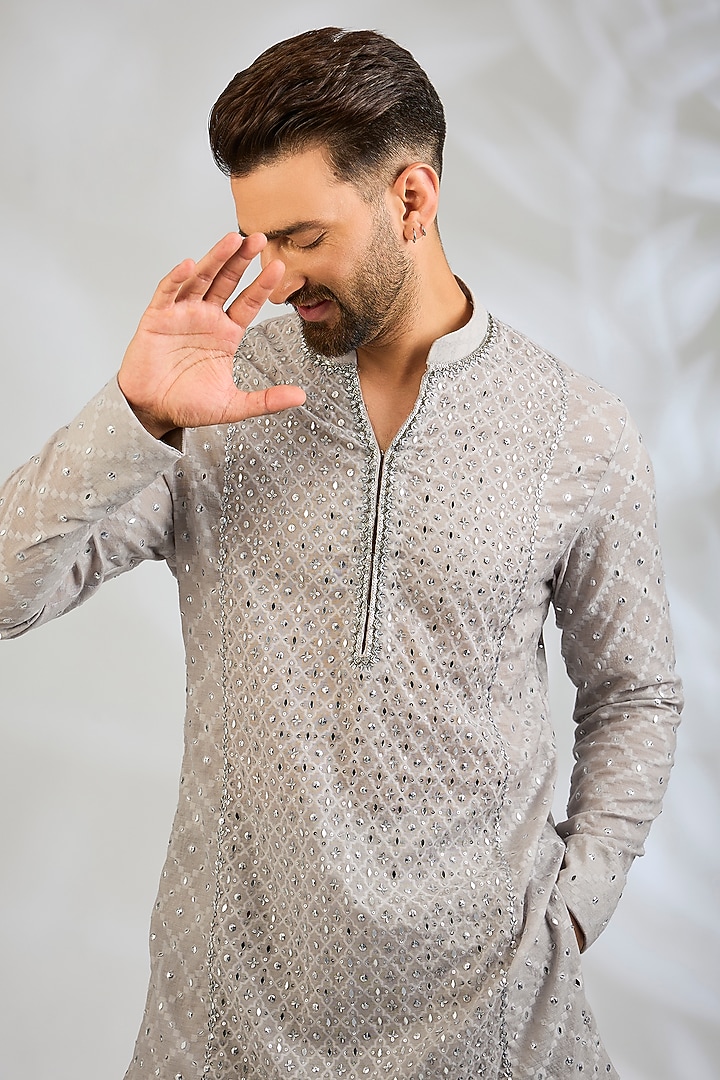 Grey Chanderi Silk Kurta Set by Sawan Gandhi Men at Pernia's Pop Up Shop