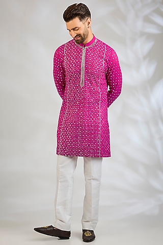Hot Pink Chanderi Silk Kurta Set by Sawan Gandhi Men