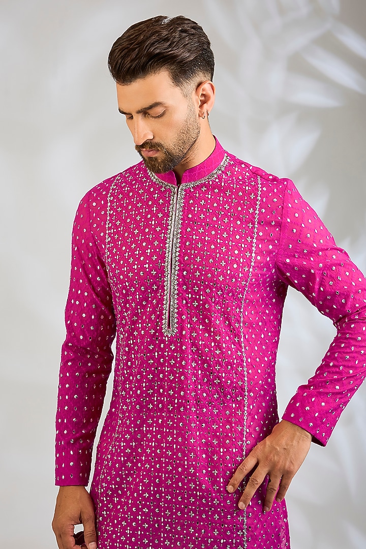 Hot Pink Chanderi Silk Kurta Set by Sawan Gandhi Men at Pernia's Pop Up Shop