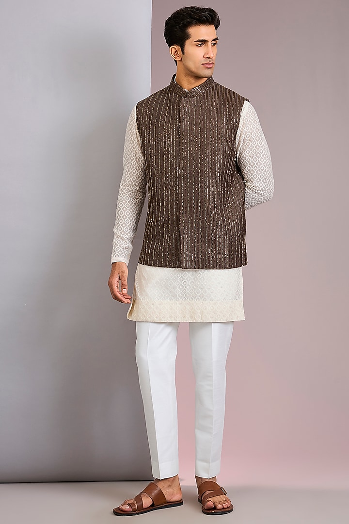 Coffee Brown Silk Bundi Jacket by Sawan Gandhi Men at Pernia's Pop Up Shop