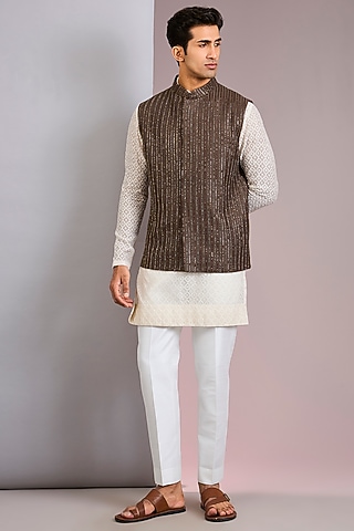Coffee Brown Silk Bundi Jacket by Sawan Gandhi Men