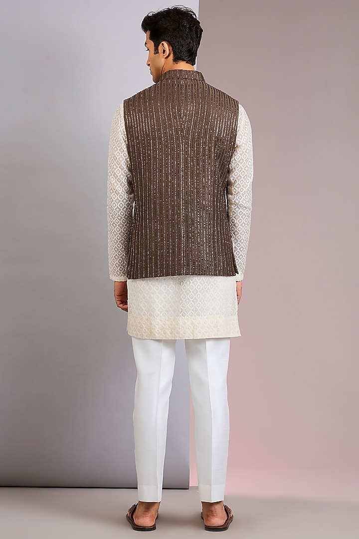 Coffee Brown Silk Bundi Jacket by Sawan Gandhi Men at Pernia's Pop Up Shop