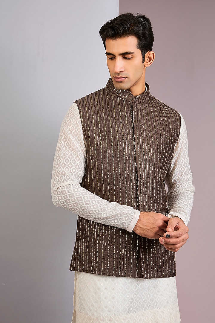 Coffee Brown Silk Bundi Jacket by Sawan Gandhi Men at Pernia's Pop Up Shop