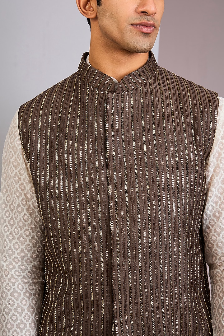 Coffee Brown Silk Bundi Jacket by Sawan Gandhi Men at Pernia's Pop Up Shop