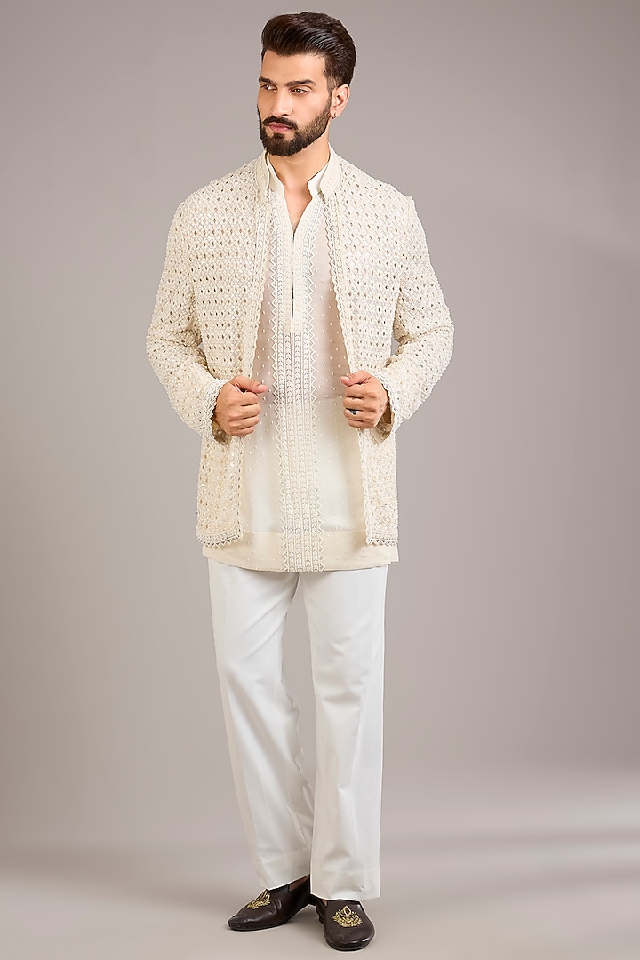 Ivory Chanderi Embroidered Groom Indowestern Set by Sawan Gandhi Men at Pernia's Pop Up Shop