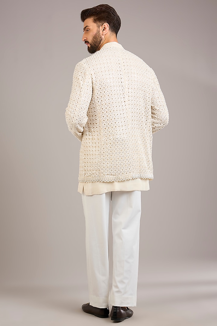 Ivory Chanderi Embroidered Groom Indowestern Set by Sawan Gandhi Men at Pernia's Pop Up Shop
