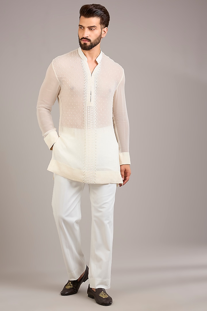 Ivory Chanderi Embroidered Groom Indowestern Set by Sawan Gandhi Men at Pernia's Pop Up Shop