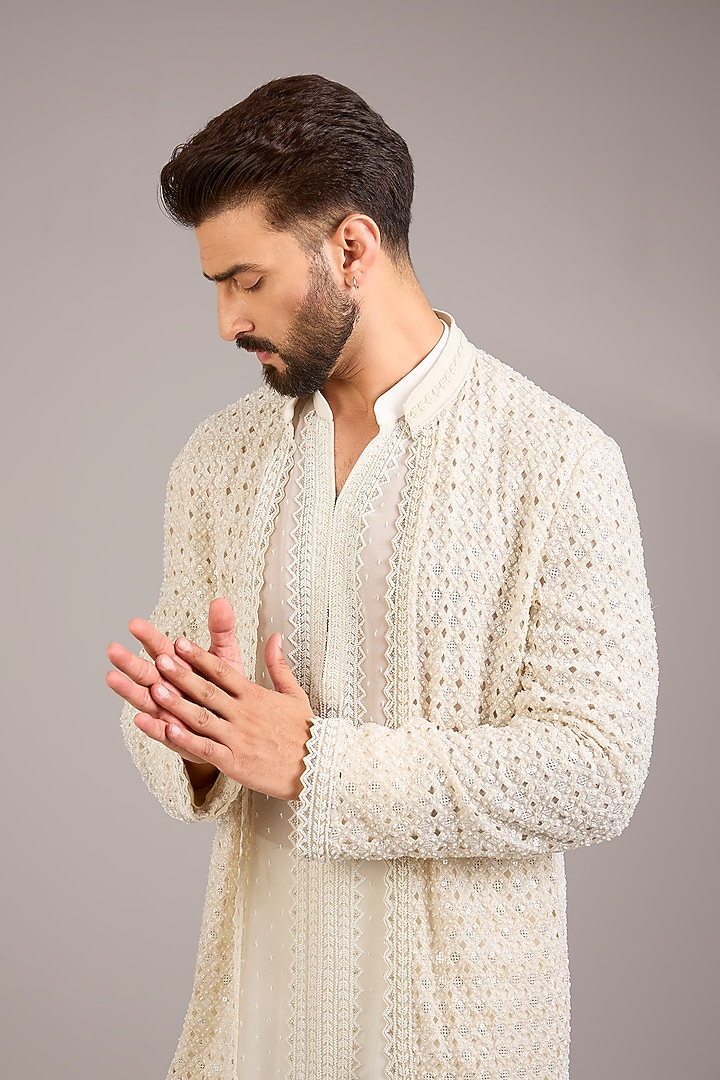 Ivory Chanderi Embroidered Groom Indowestern Set by Sawan Gandhi Men at Pernia's Pop Up Shop