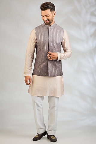Taupe Silk Bundi Jacket by Sawan Gandhi Men