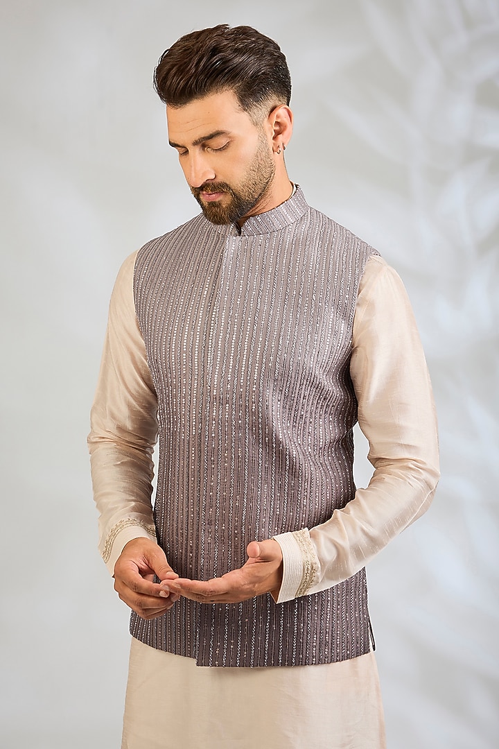 Taupe Silk Bundi Jacket by Sawan Gandhi Men at Pernia's Pop Up Shop