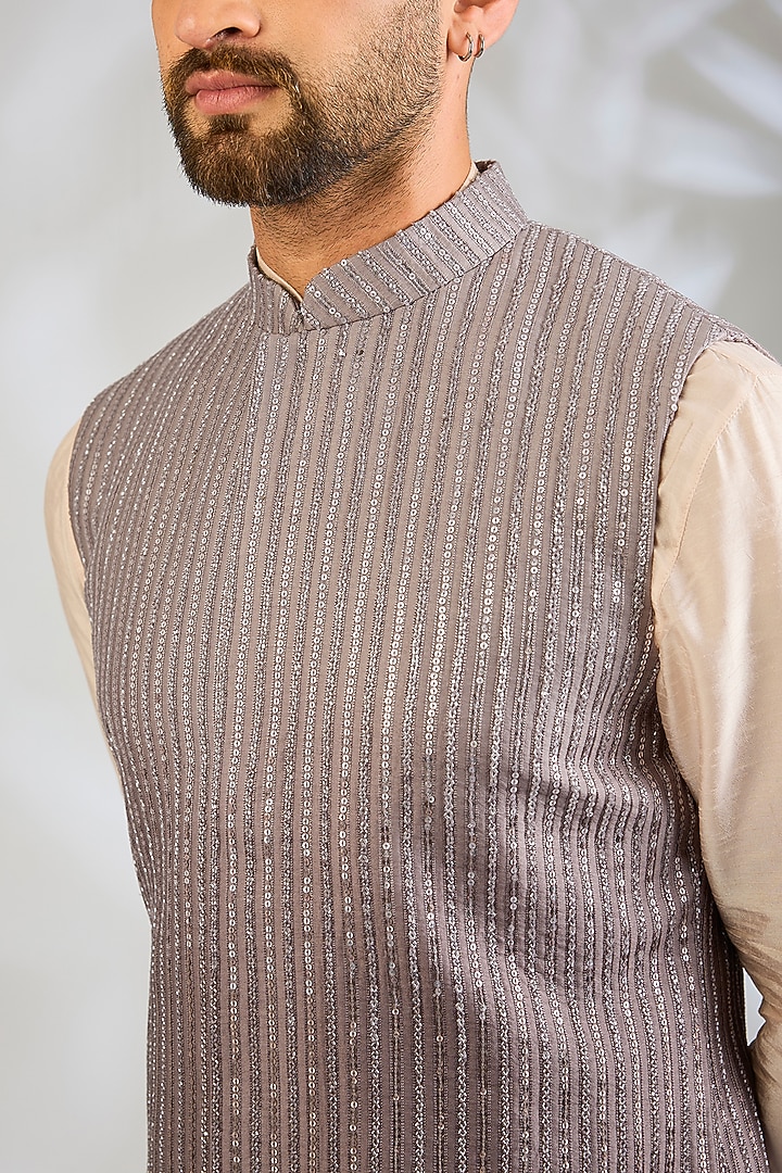 Taupe Silk Bundi Jacket by Sawan Gandhi Men at Pernia's Pop Up Shop