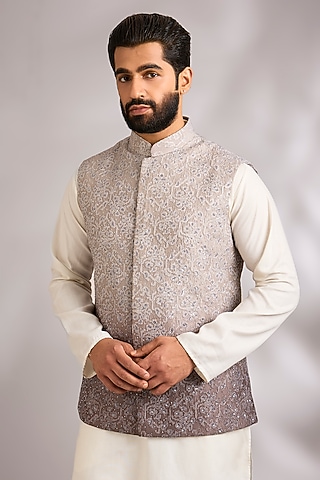 Light-Dark Grey Silk Bundi Jacket by Sawan Gandhi Men