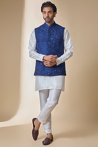 Navy Silk Bundi Jacket by Sawan Gandhi Men