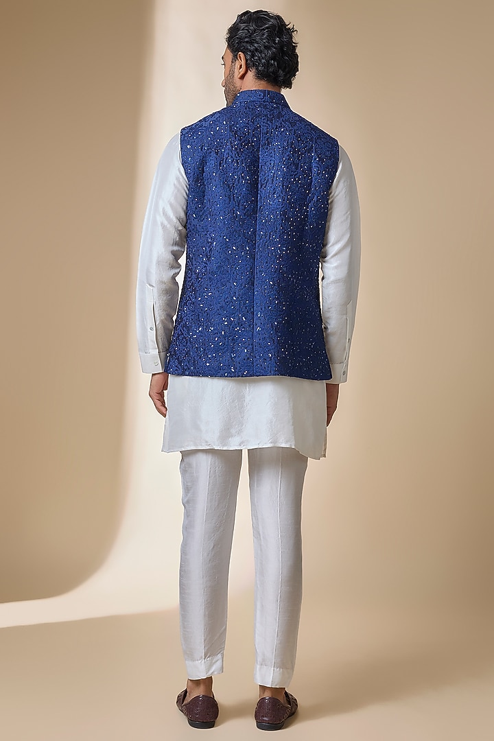 Navy Silk Bundi Jacket by Sawan Gandhi Men at Pernia's Pop Up Shop