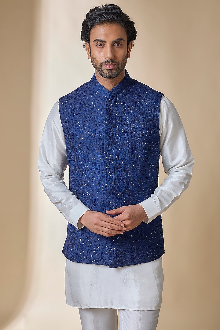 Navy Silk Bundi Jacket by Sawan Gandhi Men at Pernia's Pop Up Shop