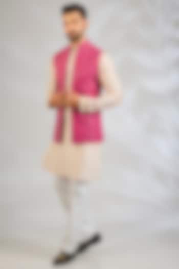 Hot Pink Silk Bundi Jacket by Sawan Gandhi Men at Pernia's Pop Up Shop