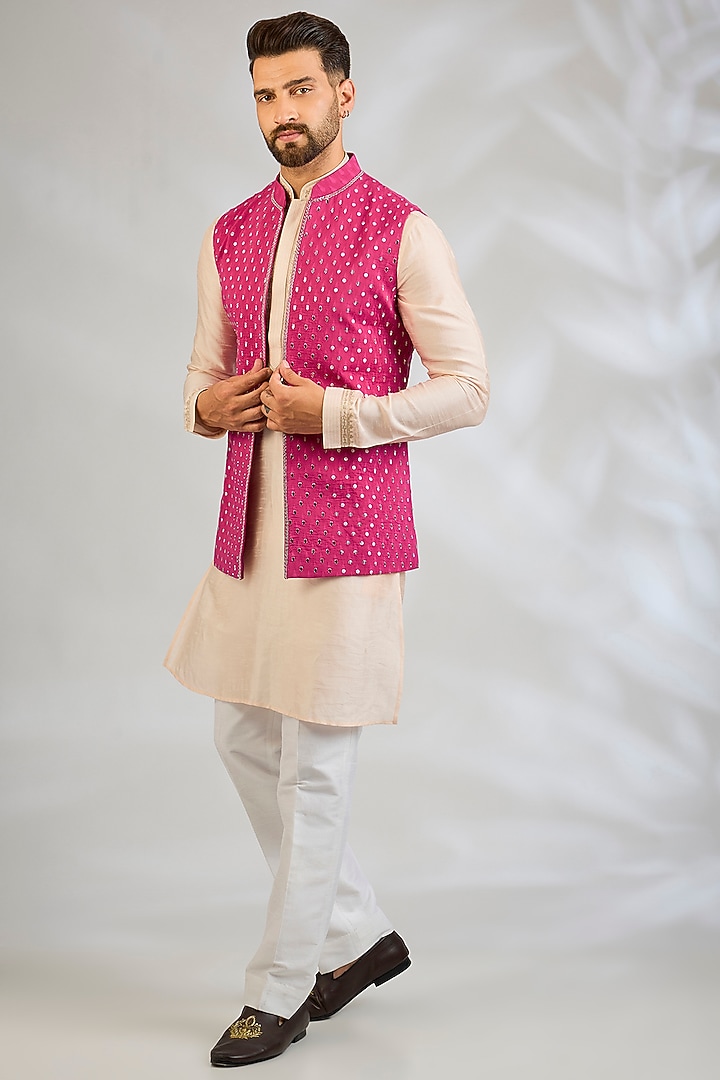 Hot Pink Silk Bundi Jacket by Sawan Gandhi Men at Pernia's Pop Up Shop