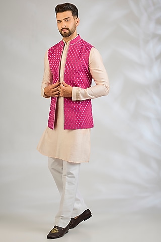 Hot Pink Silk Bundi Jacket by Sawan Gandhi Men
