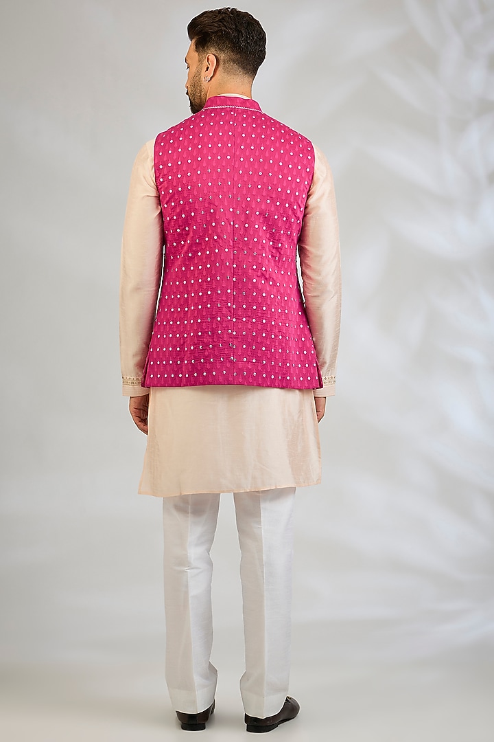Hot Pink Silk Bundi Jacket by Sawan Gandhi Men at Pernia's Pop Up Shop