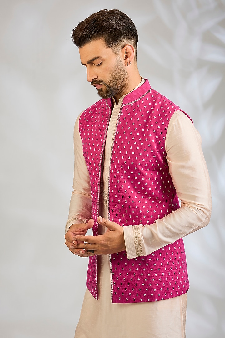 Hot Pink Silk Bundi Jacket by Sawan Gandhi Men at Pernia's Pop Up Shop