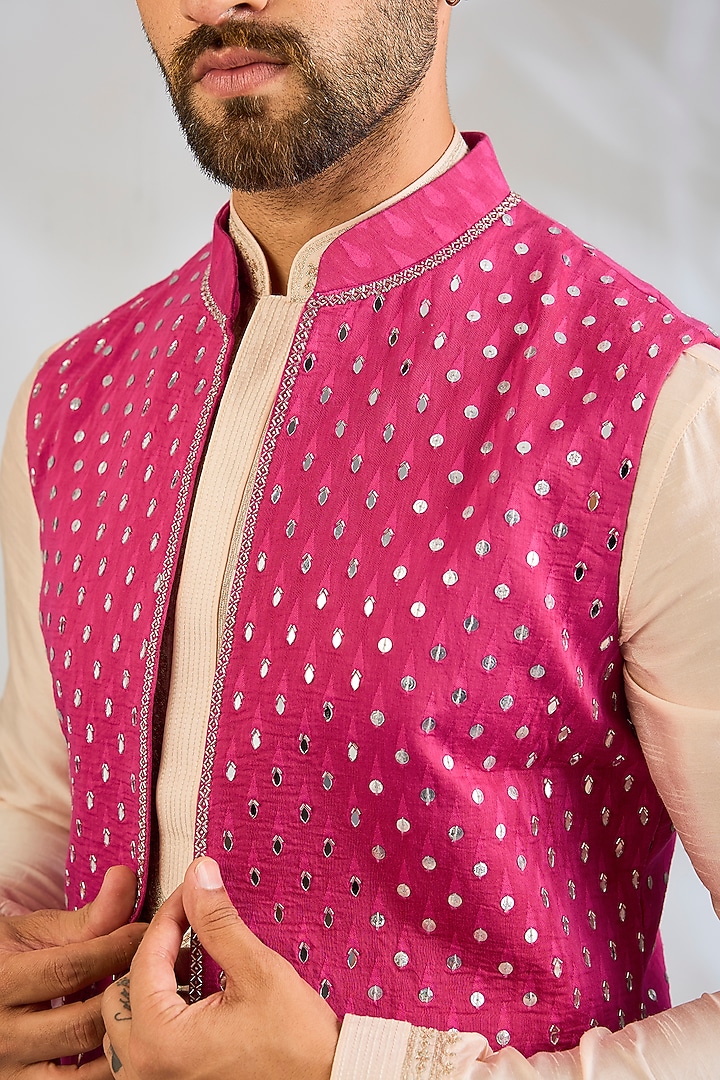 Hot Pink Silk Bundi Jacket by Sawan Gandhi Men at Pernia's Pop Up Shop