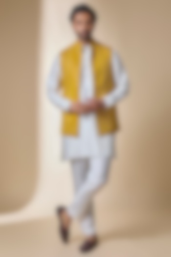 Mustard Silk Bundi Jacket by Sawan Gandhi Men at Pernia's Pop Up Shop
