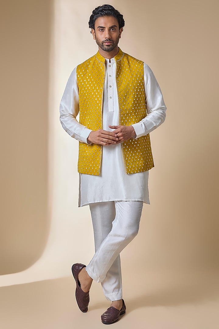 Mustard Silk Bundi Jacket by Sawan Gandhi Men at Pernia's Pop Up Shop