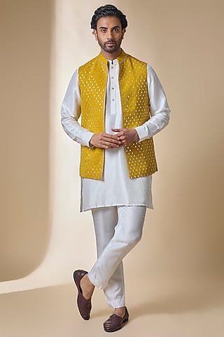 Mustard Silk Bundi Jacket by Sawan Gandhi Men