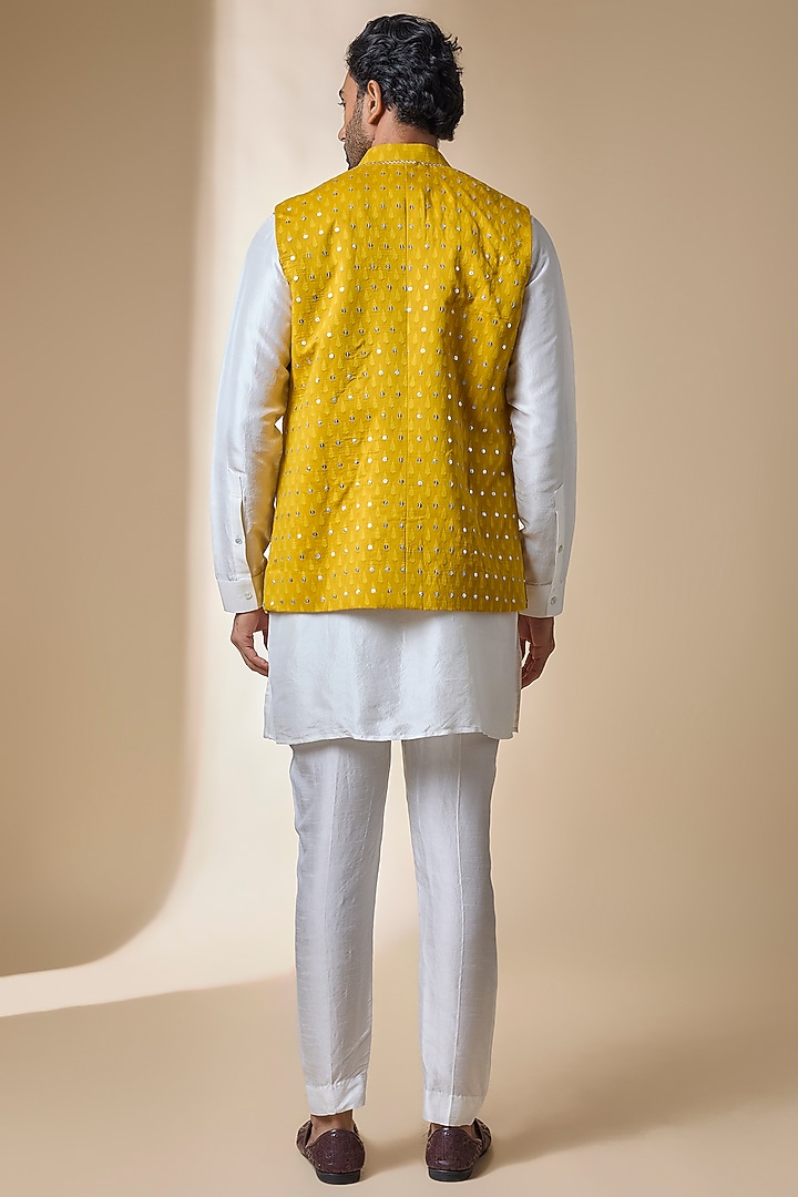 Mustard Silk Bundi Jacket by Sawan Gandhi Men at Pernia's Pop Up Shop
