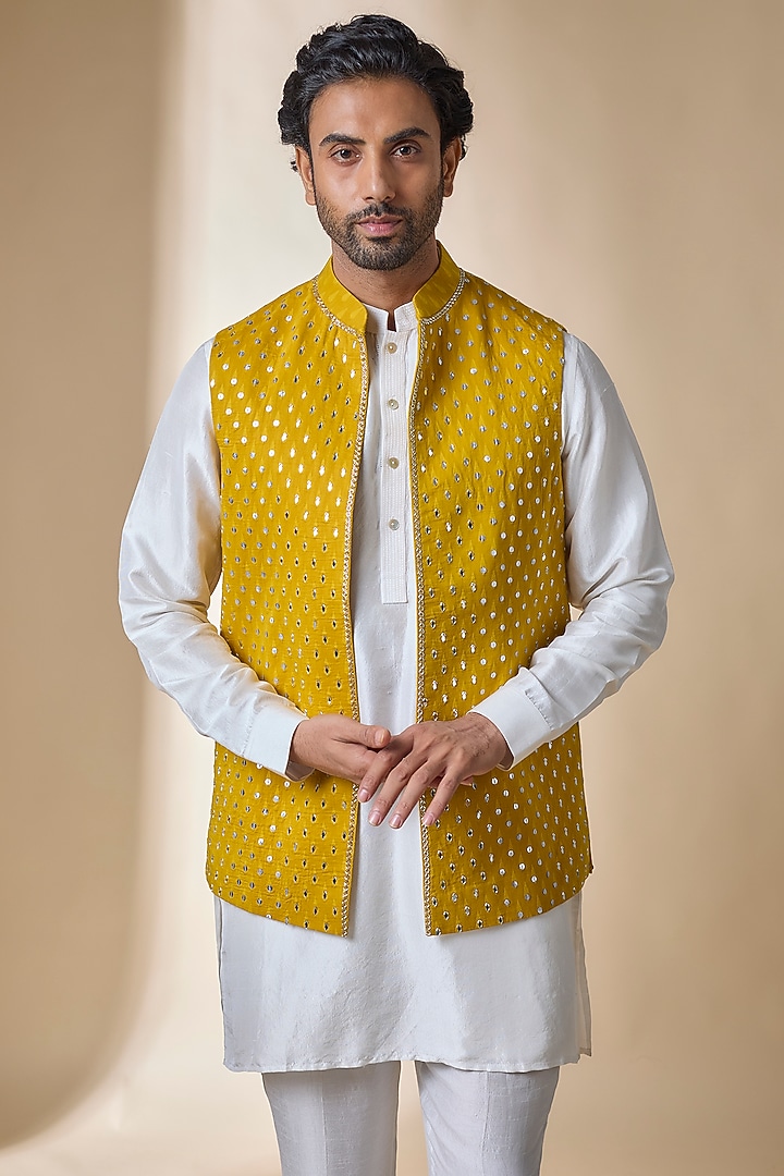 Mustard Silk Bundi Jacket by Sawan Gandhi Men at Pernia's Pop Up Shop
