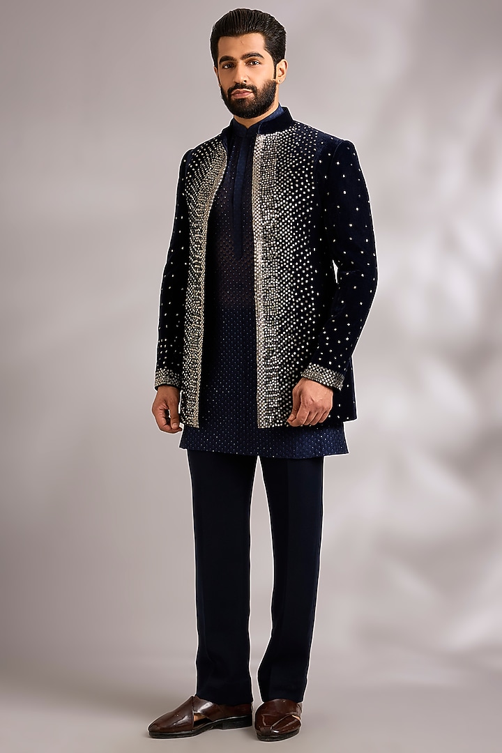 Navy Blue Velvet & Chanderi Groom Indowestern Set by Sawan Gandhi Men at Pernia's Pop Up Shop