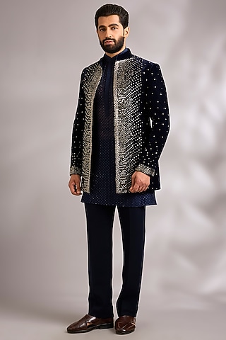 Navy Blue Velvet & Chanderi Indowestern Set by Sawan Gandhi Men