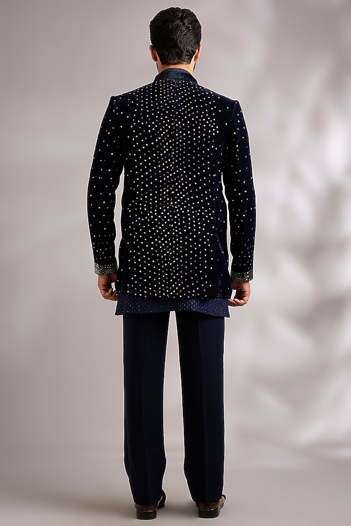 Navy Blue Velvet & Chanderi Groom Indowestern Set by Sawan Gandhi Men at Pernia's Pop Up Shop