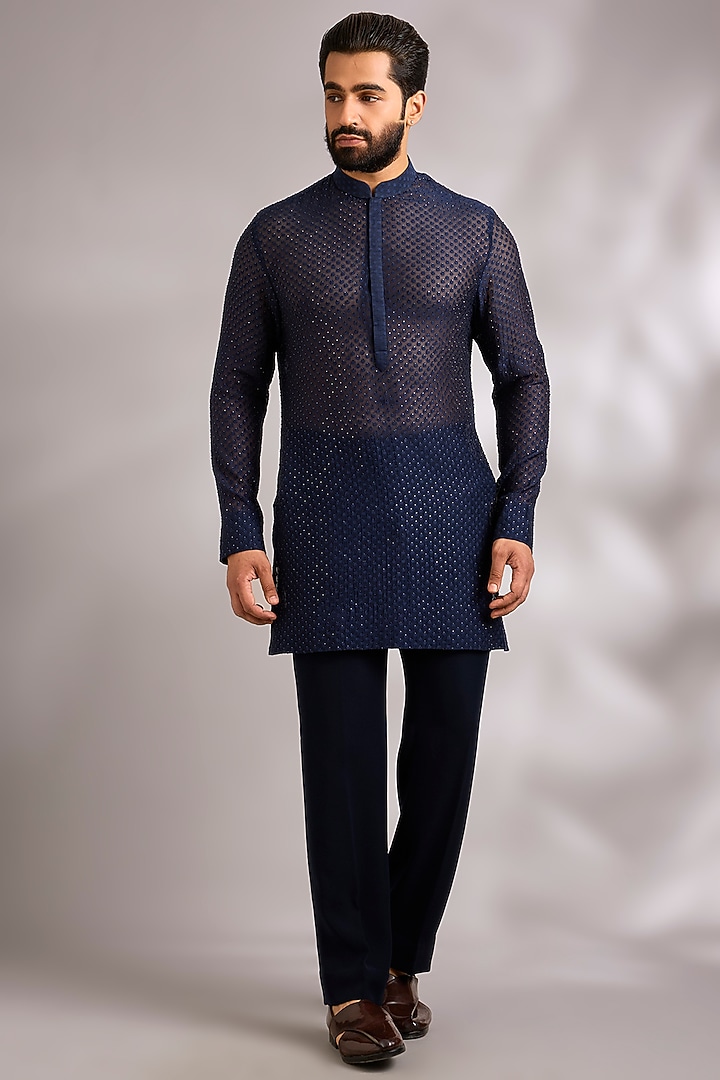 Navy Blue Velvet & Chanderi Groom Indowestern Set by Sawan Gandhi Men at Pernia's Pop Up Shop