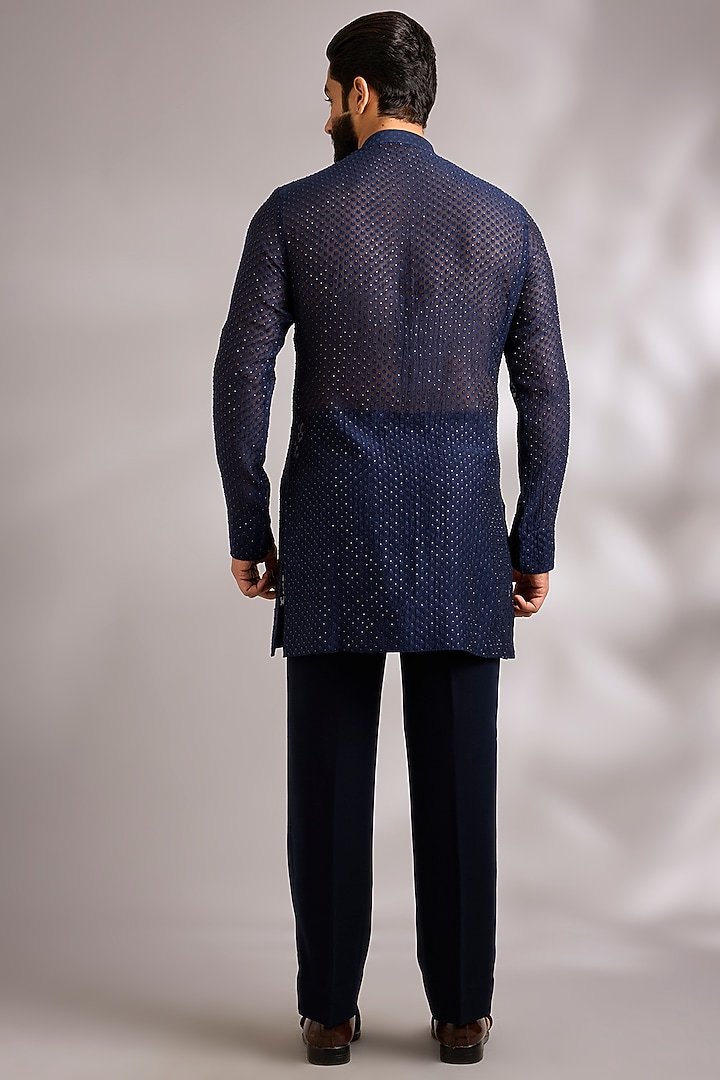Navy Blue Velvet & Chanderi Groom Indowestern Set by Sawan Gandhi Men at Pernia's Pop Up Shop
