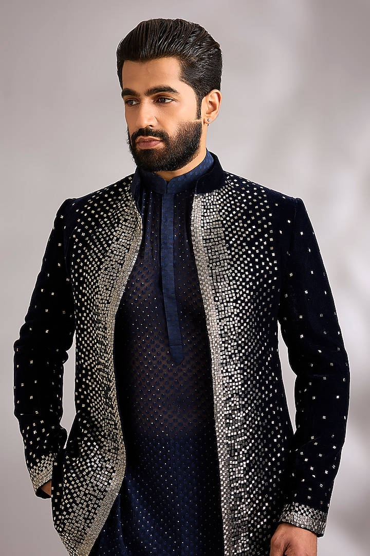 Navy Blue Velvet & Chanderi Groom Indowestern Set by Sawan Gandhi Men at Pernia's Pop Up Shop
