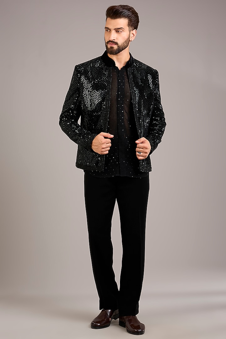 Black Georgette Embroidered Groom Indowestern Set by Sawan Gandhi Men at Pernia's Pop Up Shop