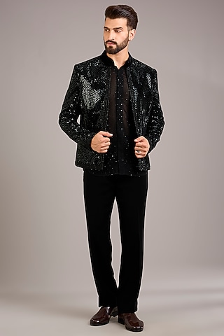 Black Georgette Embroidered Indowestern Set by Sawan Gandhi Men