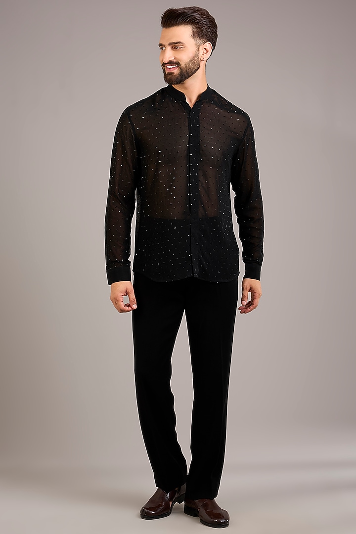 Black Georgette Embroidered Groom Indowestern Set by Sawan Gandhi Men at Pernia's Pop Up Shop