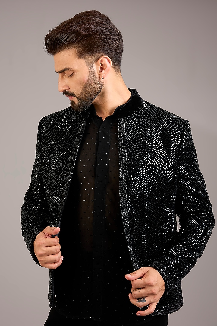 Black Georgette Embroidered Groom Indowestern Set by Sawan Gandhi Men at Pernia's Pop Up Shop