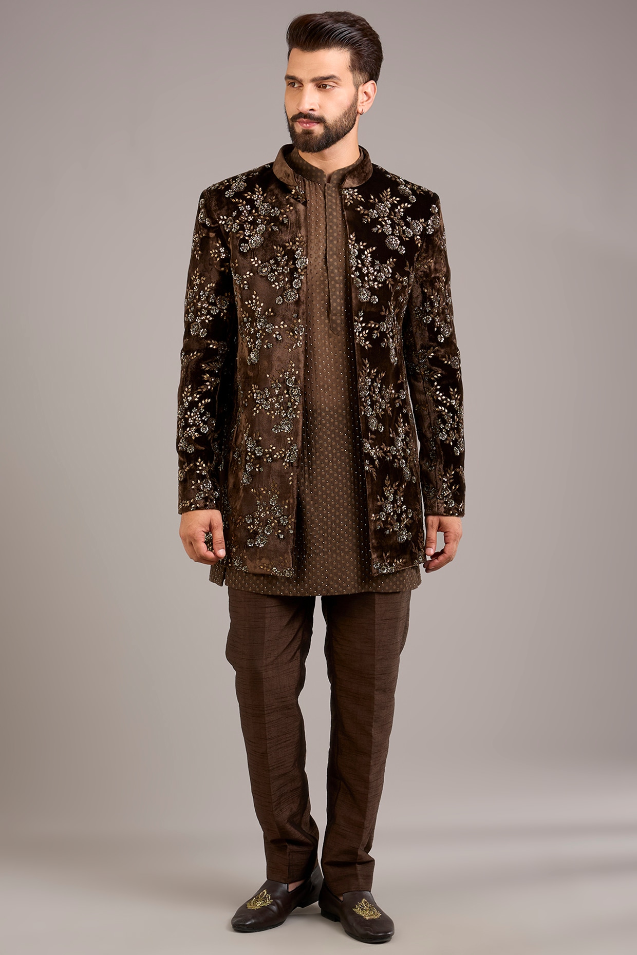 Sawan Gandhi Coffee Brown Velvet Embroidered Indowestern Set