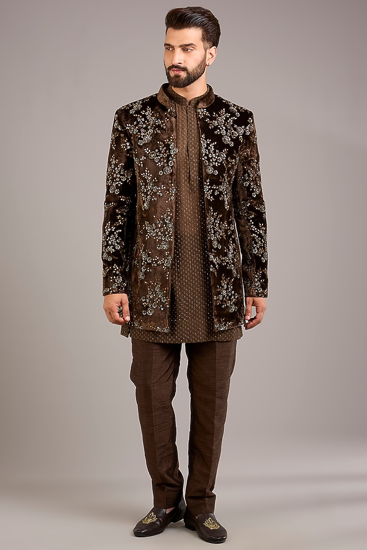 Coffee Brown Velvet Embroidered Groom Indowestern Set by Sawan Gandhi Men at Pernia's Pop Up Shop